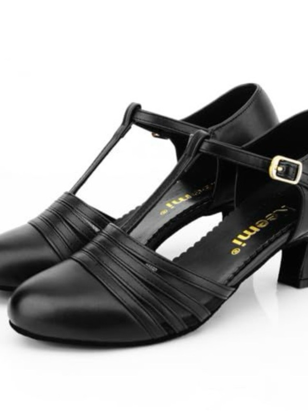 Women's Black T-Strap Low Block Heels